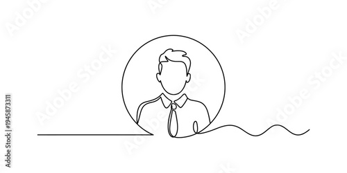 Continuous line art of a man in professional attire within a speech bubble, representing communication and identity. Vector, illustration