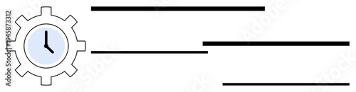 Time management, productivity planning, workflow design, business process, efficiency focus, operation control. Gear with embedded clock and horizontal lines. Time management and productivity concept