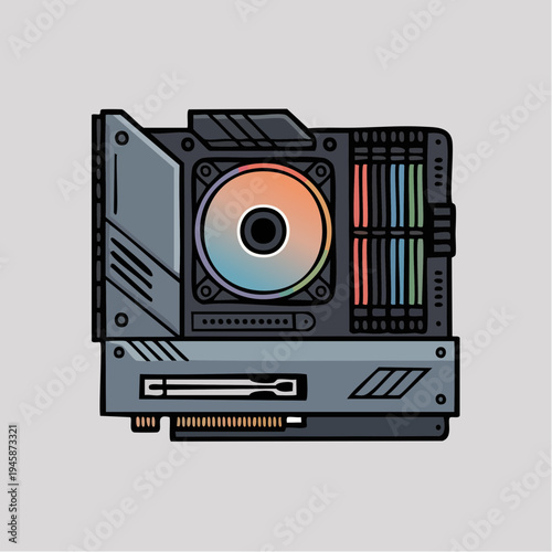 The computer's graphics card is shown installed with a large cooling fan and colorful heat sinks on a plain background.