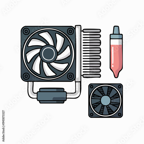 Computer cooling system with a large fan, heat sink, thermal paste, and a small fan for efficient heat dissipation on a computer motherboard.
