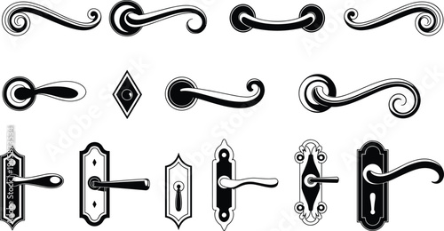 Collection of ornate black and white door handles and decorative in vintage style
