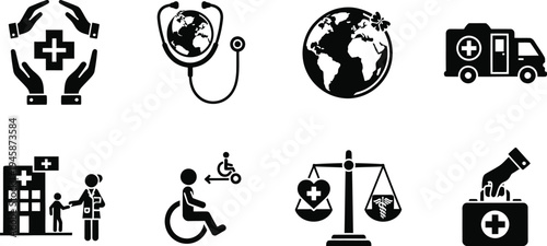 Global Healthcare and Medical Services Icon Set: Vector Symbols for Public Health, Insurance, Emergency Response, Hospital Care, Disability Access, and Global Medical Law Ethics