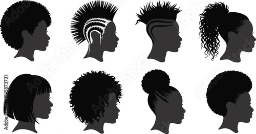 Eight black and white silhouette profiles of women with various hairstyles