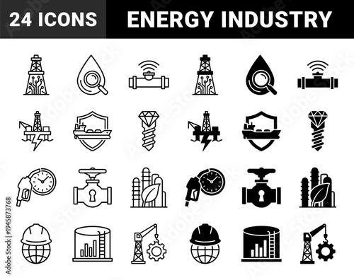 Hybrid Oil and Gas Industry Icons Featuring Petroleum Energy Extraction Refinement Logistics and Sustainable Green Fuel Innovation Concepts