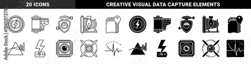 Hybrid Analog and Digital Photography Icons Merging Vintage Film Reels Memory Cards Camera Lenses and Electronic Circuitry Symbols
