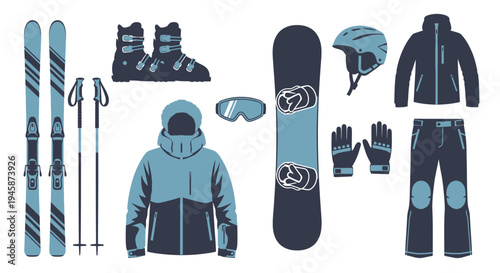 Winter sports equipment collection including skis snowboard and apparel silhouette