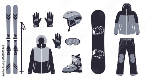 Winter sports equipment collection including skis snowboard and apparel silhouette