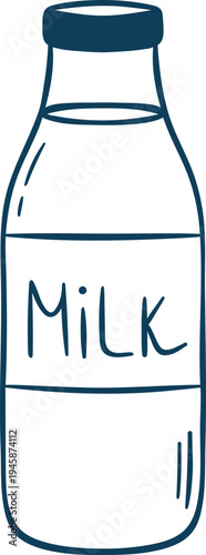 Milk bottle, simple vector icon in doodle sketch style with Mediterranean blue line. Hand-drawn dairy container for cafe menus or organic branding