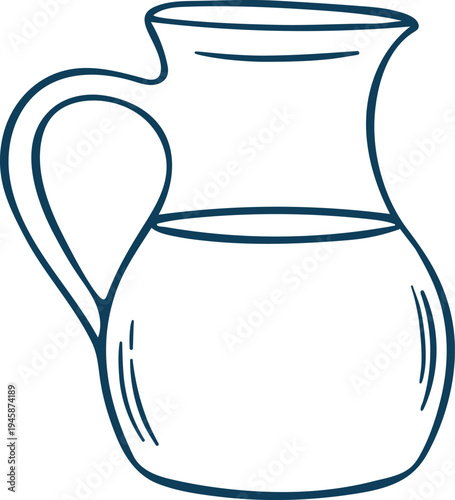 Jug of milk, simple vector icon in doodle sketch style with Mediterranean blue line. Hand-drawn ceramic or glass pitcher for farmhouse branding or cafe menus