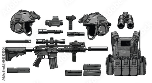 Military equipment display including weapons optics and tactical gear silhouette