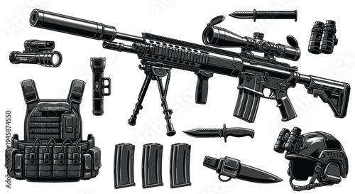 Assortment of firearms tactical gear and accessories in a stark silhouette