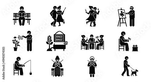 Senior activities and hobbies depicted in a minimalist black silhouette