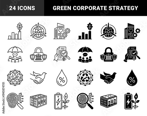 Sustainable ESG Business Management Icons Featuring Hybrid Green Energy Solutions Circular Economy Growth and Ethical Corporate Governance Symbols