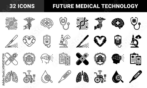 Hybrid Medical Technology and Digital Health Icon Set Featuring Bioengineering DNA Circuits Cybernetic CADUCEUS and Smart Healthcare Innovations