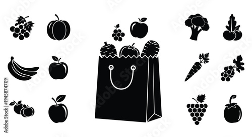 Black silhouettes of fruits vegetables and a shopping bag a harvest silhouette