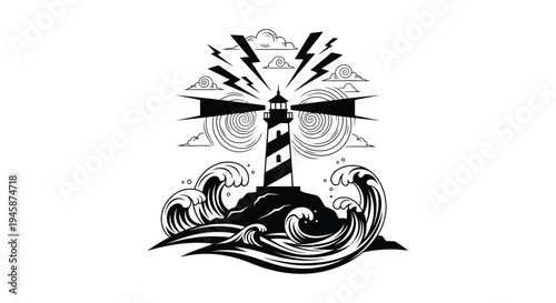 Dramatic lighthouse illustration with stormy waves and lightning striking black silhouette