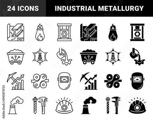 Heavy Industry and Metallurgy Hybrid Icon Set Featuring Steel Production Construction Engineering and Mining Equipment in Outline and Solid Styles