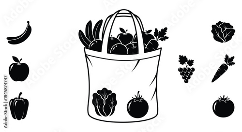 Fresh produce overflowing from a shopping basket a striking silhouette