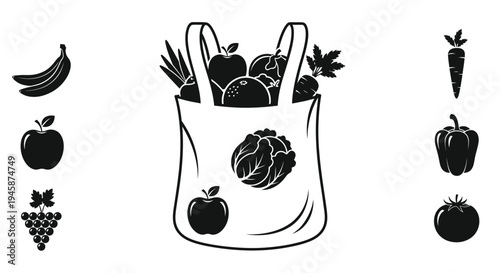 Assortment of fresh fruits and vegetables in a shopping bag silhouette