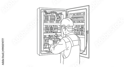 Electrician working on a complex electrical panel detailed line art silhouette