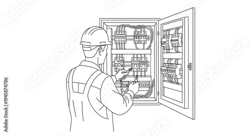 Electrician working on a complex electrical panel detailed line art silhouette