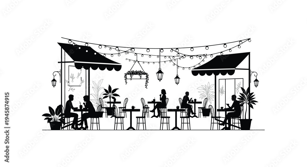 Fototapeta premium Outdoor cafe scene with tables umbrellas and string lights silhouette