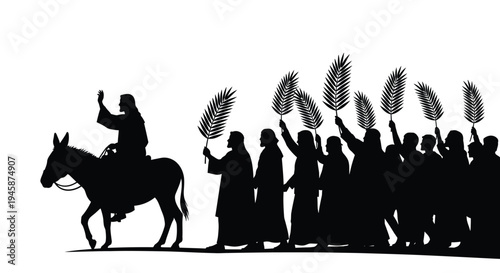 Procession with a rider on a donkey and palm branches black silhouette