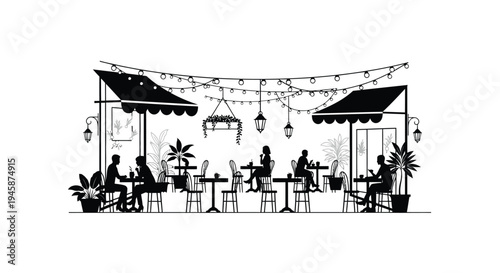 Outdoor cafe scene with tables umbrellas and string lights silhouette