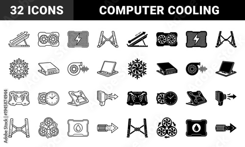 Hybrid laptop cooling solutions and thermal management hardware icons featuring fan airflow combined with temperature gauges and clock symbols