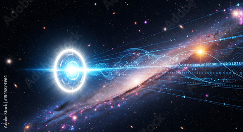 A bright blue portal of light opens in the vastness of space, with a galaxy in the background and streams of data flowing.