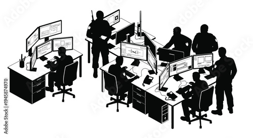Isometric office workers at desks computers and monitors black and white silhouette