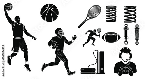 Various sports equipment and activities depicted in a black silhouette