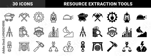 Hybrid Mining and Resource Extraction Icons Featuring Mineral Infused Tools Industrial Machinery and Geological Energy Concepts in Dual Styles