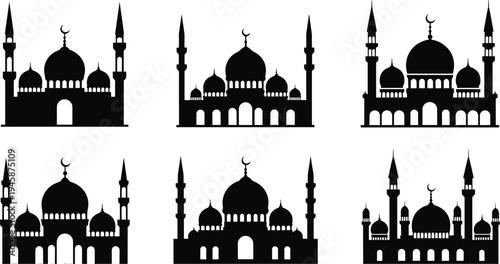 Six black and white silhouette of mosques with domes and minarets