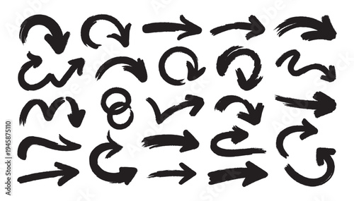 Artistic collection of brush stroke arrows in various orientations. Hand drawn black ink pointers for visual storytelling and creative design projects on background