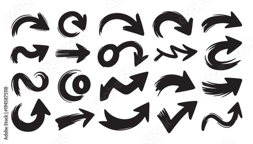 Handcrafted brush stroke arrows collection for diverse design needs. Black ink pointers with artistic flair isolated on white for easy integration into any project
