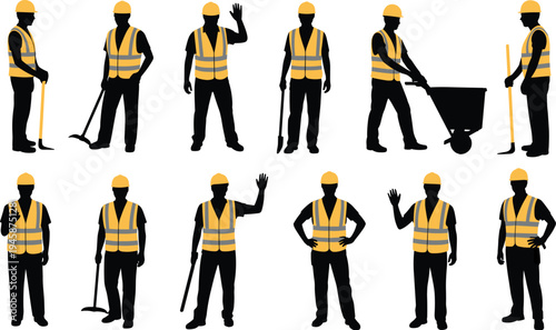 Construction worker silhouettes with safety vest and helmet, builder labor team with tools, industrial workforce characters, contractor construction industry vector set