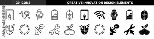 Hybrid Digital Technology and Creative Design Icon Set Featuring Integrated Symbols for Smart Connectivity Productivity and Virtual Innovation