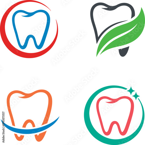 Dental care logo icon set featuring tooth outline, eco dental leaf concept, tooth cleaning swirl and shiny healthy tooth symbol. Perfect for dentist clinics, oral hygiene services, dental care brandin