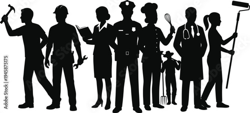 Diverse profession people silhouettes, community workers team including builder doctor police chef farmer painter, workforce diversity teamwork vector illustration concept