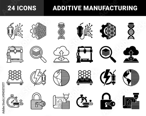 Additive Manufacturing and 3D Printing Icon Set Featuring Hybrid Concepts of Digital Circuits DNA Helix and Industrial Prototyping Elements