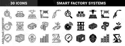 Industrial Smart Manufacturing and Automation Icons Featuring Robotic Arms Magnifying Glass Inspection Sensors and Logistics Warehouse Management