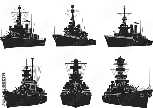 Six black and white silhouettes of different types of warships and naval vessels battleships
