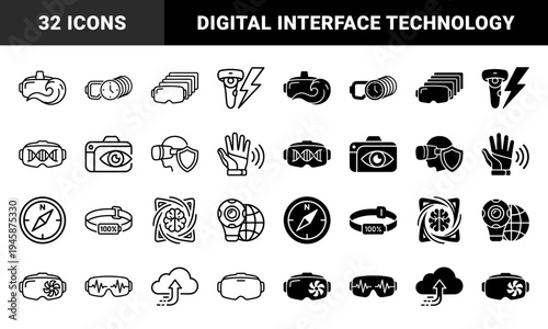 Augmented Reality and Virtual Reality Hybrid Icon Set Featuring Motion Sensors Biometric Tracking Cloud Connectivity and Haptic Interface Symbols