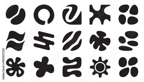 Collection of set abstract organic shapes in solid black, featuring smooth curves and unique blob-like designs, isolated on a clean white background, versatile design elements