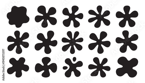 Overlapping abstract black splatters and ink blots on white background modern graphic design elements vector