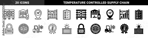Cold storage logistics and frozen food supply chain management icons featuring temperature controlled warehouse tracking and refrigerated transport equipment