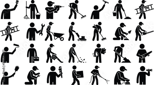 Worker service icon set showing cleaning, construction, gardening, plumbing, repair and maintenance tasks, black silhouette pictograms isolated on white background