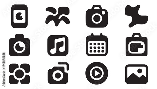 Abstract multimedia and photography interface icons set with music notes video player buttons camera bodies and organic shapes for creative portfolio design assets