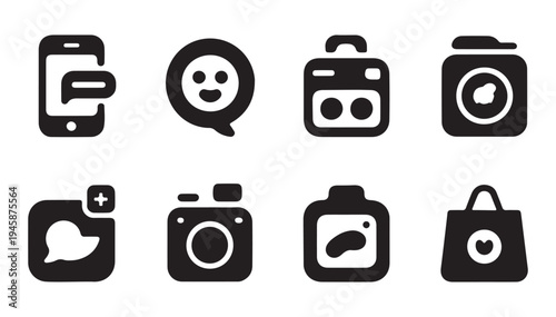Creative photography and social media communication icon collection featuring smartphone messages camera lenses and shopping bags for e-commerce marketing design